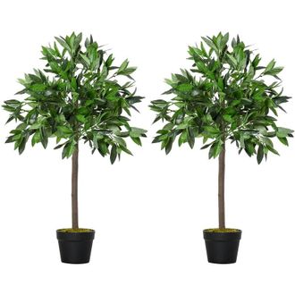 OUTSUNNY 2 Plantas Artificiales De 90 Cm De Altura &Aacute;rboles De Laurel De 564 Hojas Con Maceta Para Decoraci&oacute;n De Hogar Uso En Interiores Verde