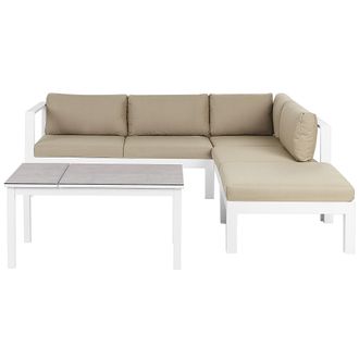 Beliani Conjunto De Jard&iacute;n 5 Plazas Sof&aacute; Y Mesa Estructura Blanca Tablero De Vidrio Y Cojines Beige Arena Messina
