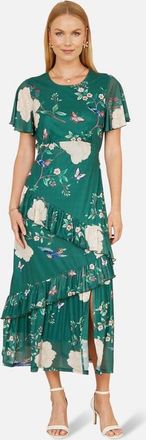 Yumi Mesh Bird And Floral Print Midi Dress in Green at Nordstrom, Size 10