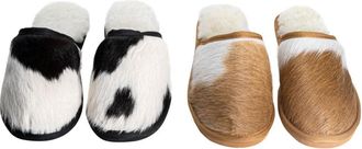 Generic Womens Indoor Slippers | Cowhide and Sheepskin | Cow Print or Brown | Women Slippers | Luxury House Shoes (TAN & WHITE, UK Footwear Size System, Adult