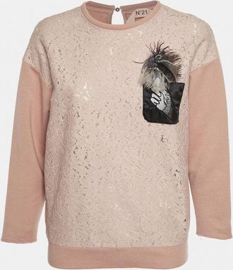 N&deg;21 N&ordm;21 Pink Feather Embellished Jersey And Lace Sweatshirt