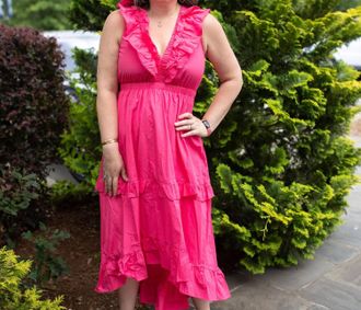 Peach Love California Ruffled High-Low Midi Dress In Pink
