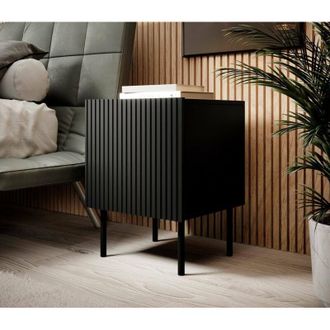 Dmora Conjunto De 2 Mesitas De Noche Livraga, C&oacute;moda Baja Con Puerta Abatible Y Compartimento Interior, Acabado Efecto Ca&ntilde;a, 45x40 H51 Cm, Color Negro