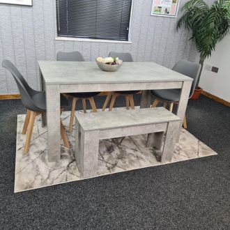 Kosy Koala Stone Grey Effect Dining Table with Bench & 4 Grey Plastic Chairs Dining Room Furniture Set in Brown