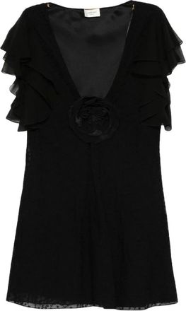 Saint Laurent Party Dresses, female, Black, S, Flower-brooch Mini Dress