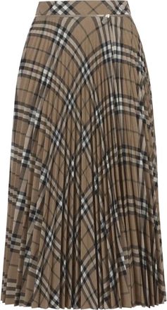 Burberry Midi Skirts, female, Brown, Size: 4XS Check Pleated Wool Blend Skirt