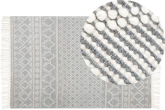 Beliani Alfombra De Lana Beige Gris 160 X 230 Cm A Mano Patr&oacute;n Geom&eacute;trico Borlas Solhan