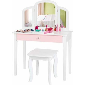 Costway Costway - Set Toeletta Trucco - Sedia per Bambini, 3 Specchio e Cassetto Grande, 95 x 70 x 34 cm, Specchiera Bambina, Bianco