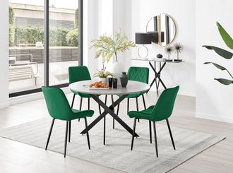 Furniturebox Novara Grey Concrete Effect Black Leg 120cm Round Dining Table & 4 Pesaro Black Leg Chairs in Green
