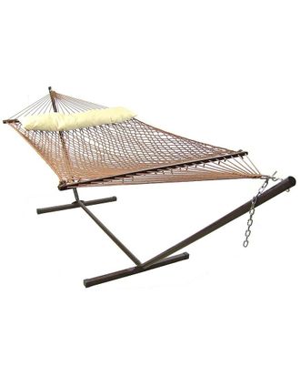 Sunnydaze Brown 2-Person Polyester Patio Spreader Bar Rope Hammock With Pillow