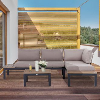 OUTSUNNY 3pcs Garden Sectional Sofa Side Table Furniture Set with Cushion in Grey