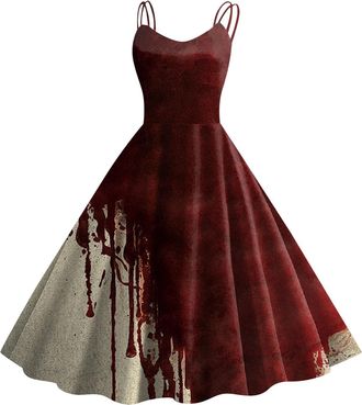 Generic Halloween Dress for Women Sleeveless Gothic Dress Women Rockabilly Retro 1950s Spaghetti Strap Swing A-Line Dresses Cocktail Party Evening Prom Gown H