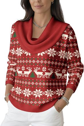 Generic Womens Christmas Oversized Cowl Neck Sweater Long Sleeve Lightweight Pullover Xmas Printed Casual Top (Red5,XXL)