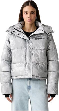Karl Lagerfeld Cropped Shiny Puffer Jacket - Dames - Jassen - Grijs - Maat: L Leer