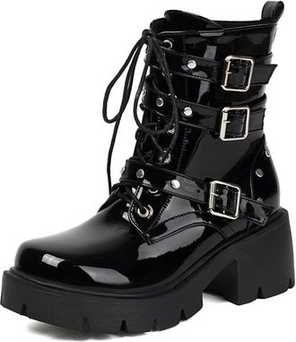 Generic Womens Black Patent Leather Ankle Boots Round Toe Chunky Platform Heels Studded Buckle Straps Comfortable Non-Slip Wear-Resistant for Nightclub Concer