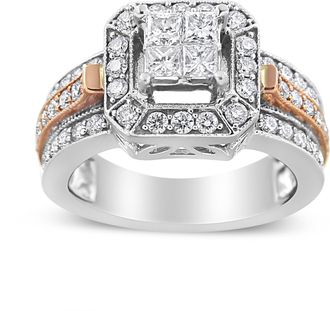 House of Brilliance 14K White and Rose Gold 1 1/8 Cttw Princess and Round-Cut Diamond Art Deco Style Triple Shank Halo Cocktail Ring