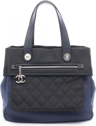 Chanel Black Navy Nylon Leather Handbag Tote Bag (Pre-Owned)