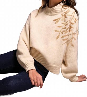Tribal Sequin Floral Applique Mock Neck Sweater In Latte