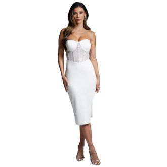 Bebe Womens Swarovski Crystal Corset Strapless Midi Dress