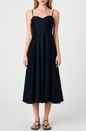 French Connection Pleated Stretch Cotton Sateen Midi Dress in Marine at Nordstrom Rack, Size 14