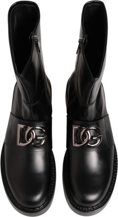 Dolce & Gabbana Mens Black Logo Plaque Mid Calf Biker Boots Shoes 100lf