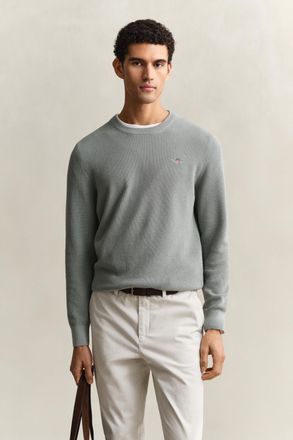 GANT Men Textured Cotton Crew Neck Sweater (XXXL) CERAMIC GREY