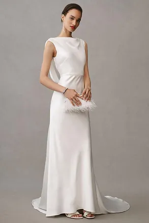 Jenny Yoo Jenny by Jenny Yoo Nessa High-Neck Draped Open-Back Satin Wedding Gown