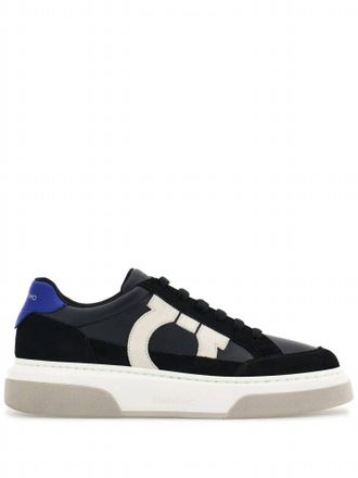 Ferragamo Mens Gancini Panelled Leather Sneakers In Black/blue