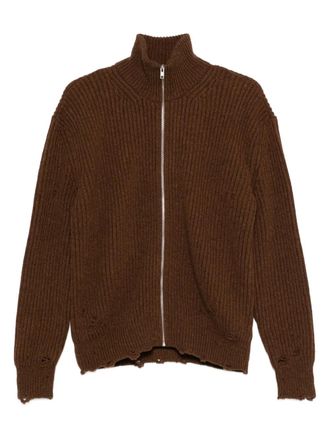 Maison Margiela zip-front frayed cardigan - men - Polyamide/Wool - M - Brown