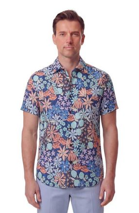 Lords of Harlech Rough Floral Short Sleeve Fine Linen Shirt in Rough Floral Navy at Nordstrom, Size Xx-Large