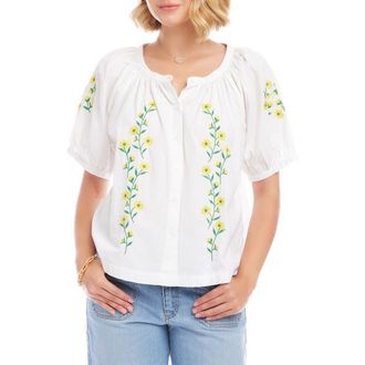 Karen Kane Floral Embroidered Cotton Peasant Top in White at Nordstrom, Size X-Small