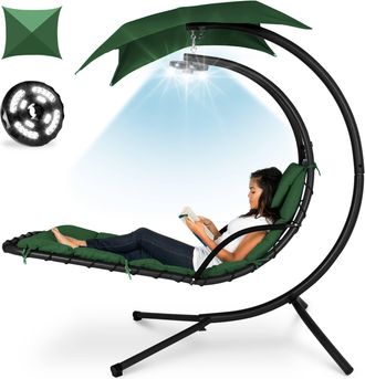 Best Choice Products Hanging LED-Lit Curved Chaise Lounge Chair for Backyard, Patio w/ Pillow, Canopy, Stand