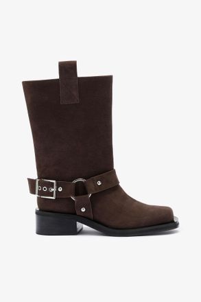 Ganni Brown Mid Shaft Biker Boot in Suede