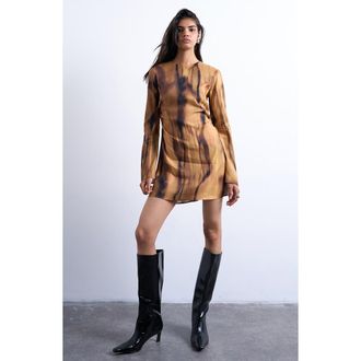 Topshop Waisted Abstract Print Long Sleeve Minidress in Brown at Nordstrom Rack, Size 8 Us (Fits Like 6-8)