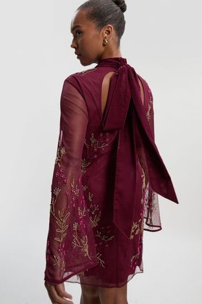 Karen Millen Womens Plus Size Floral Applique Embellished Organdie Woven Mini Dress - Purple - Size 20 UK