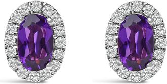 House of Brilliance 10K White Gold 5x3 MM Oval Cut Birthstone and Diamond Halo Stud Earrings in Purple Amethyst at Nordstrom