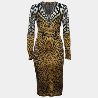 Roberto Cavalli Black Leopard Print V-Neck Midi Dress