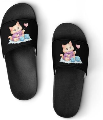 Generic Cute Cat Knitting with Yarn Balls Shower Shoes Slipper for Women Men Beach Slippers Quick Drying Non Slip Open-Toe Sandals