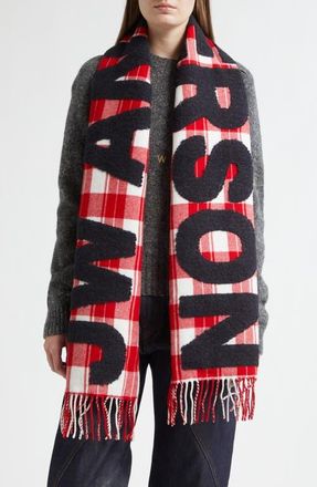 J.W.Anderson Logo Wool & Alpaca Blend Fringe Scarf in Red/White at Nordstrom