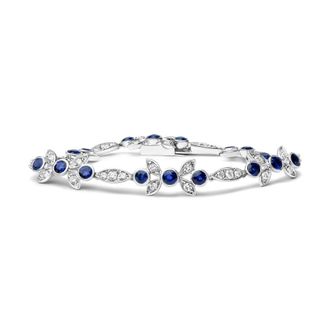 House of Brilliance 18K White Gold 1 3/4 Cttw Diamond and 3x3mm Round Blue Sapphire Gemstone Floral Link Bracelet (G-H Color, SI1-SI2 Clarity) - Size 7