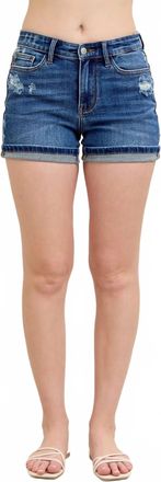 Judy Blue Mid Rise Destroy And Cuff Dad Shorts In Dark Wash