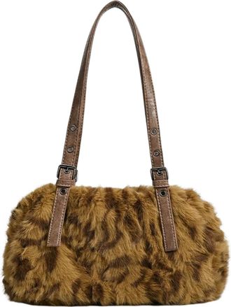 Generic Leopard Print Tote Bag for Women Plush Pillow Handbag Casual Shoulder Hobo Bag Furry Purse, Brown