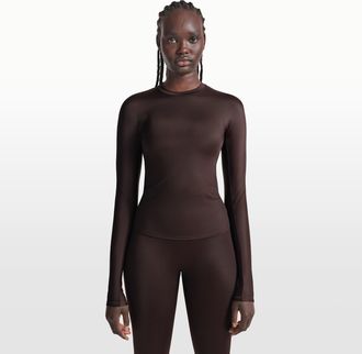 Nike Womens SKIMS Shine Long-Sleeve Crew-Neck Top in Brown | TPLST3249-PHO