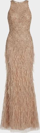 Mac Duggal Beaded Feather-Trimmed Gown