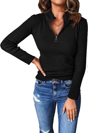 PrettyGarden Fall Quarter Zip Pullover Sweaters for Women 2025 Long Sleeve Collared Fitted Ribbed Knit Tops, Black, Small