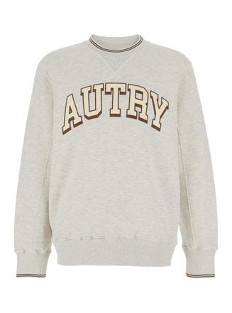 Autry Grey Crewneck Sweatshirt With Logo Print In Jersey Man