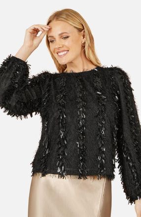 Yumi Hanging Sequin Long Sleeve Top in Black at Nordstrom, Size 10