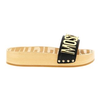 Moschino Sandals in calfskin and wood - female - Moschino - Sliders - Black - 3 UK - Shoes