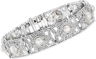 Ross-Simons 6-6.5mm Cultured Pearl and Diamond Bracelet in Sterling Silver