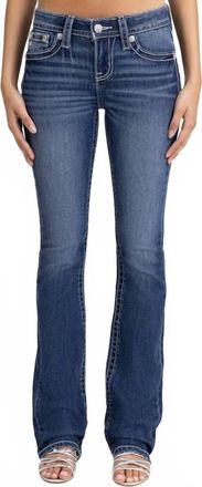 Miss Me Womens Mid-Rise Fleur De Lis Boot Cut Jeans In Distressed Blue